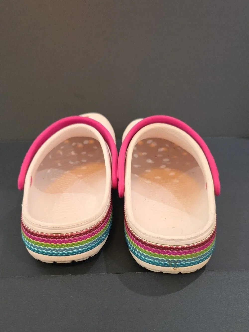 CROCS Women's Clogs in Light Pink with Hot Pink Strap and Rainbow Trim Size 8